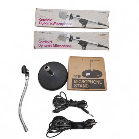 Lot of 2 Realistic Super Cardioid Dynamic Microphones + Stand 33-992C 33-992D - Picture 1 of 14